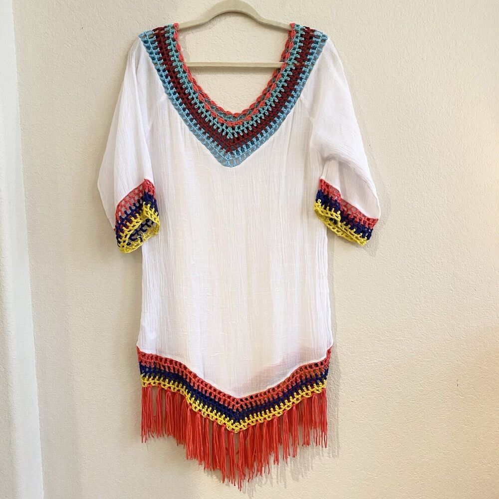 CUPSHE Swim Cover White Boho Beach Crochet Fringe Gauze Coverup ‎ Multicolor